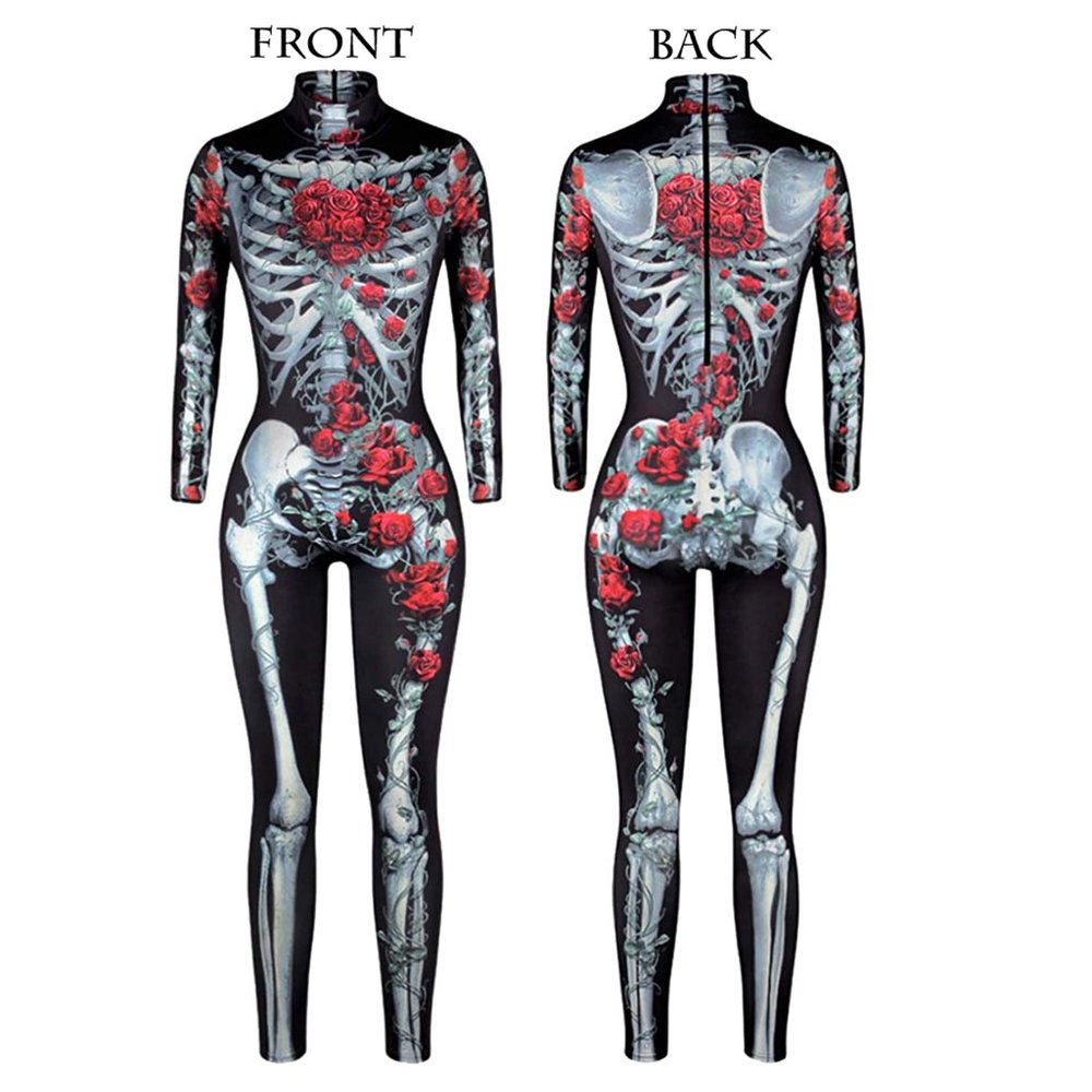 Skeleton & Red Rose Print Women's Jumpsuit